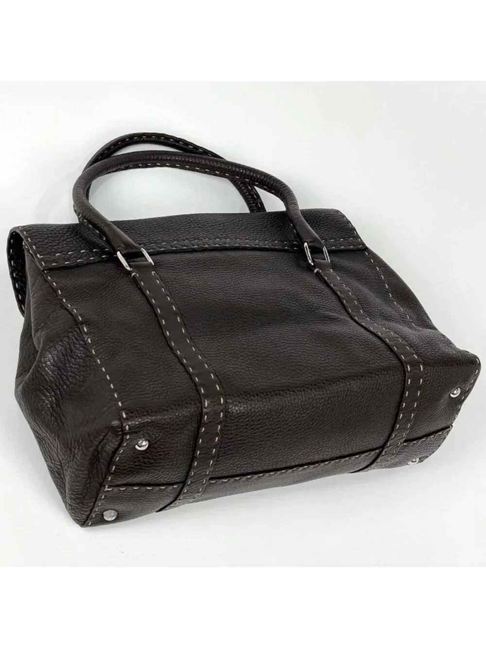 Fendi Selleria Linda Handbag Logo Stitch Leather Brown
